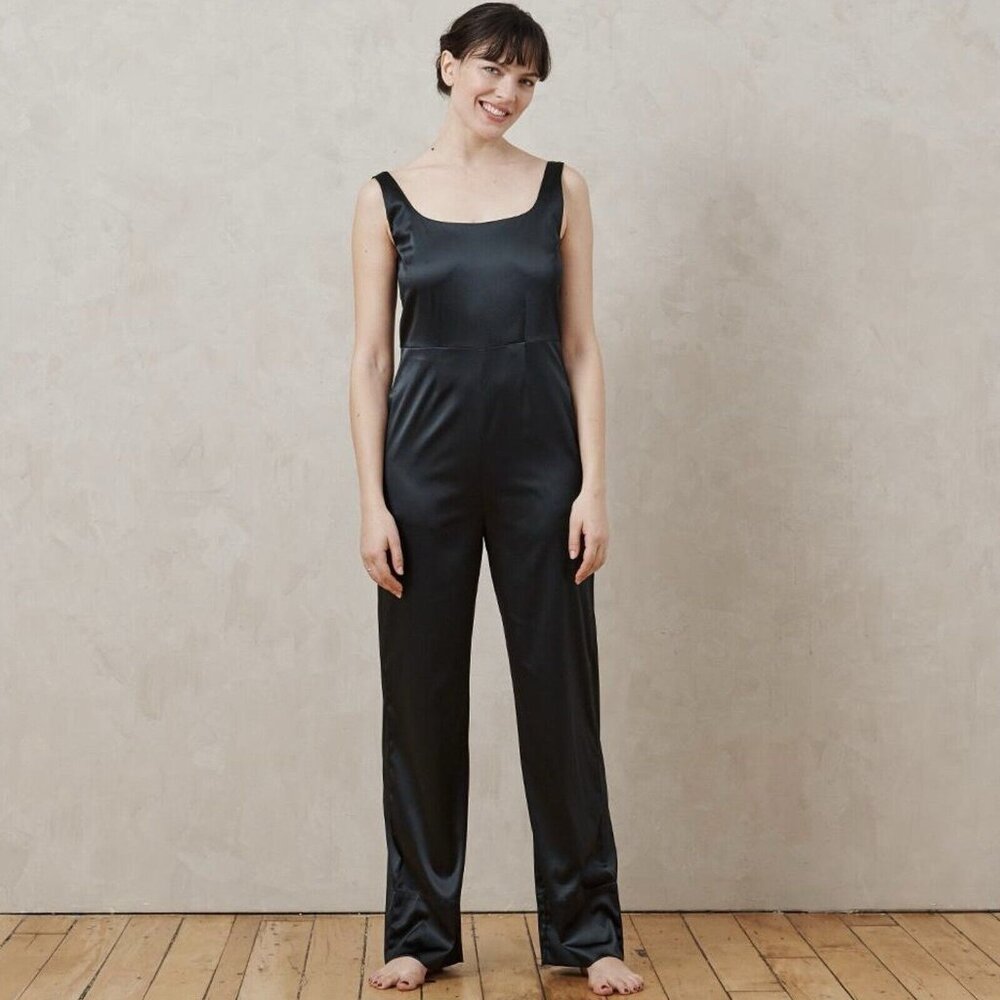 ADAY Sleeveless Black Satin Jumpsuit (Size S) Long Haul Wide Leg Square Neckline